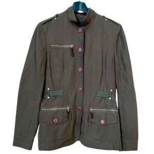 Yansi Fugel Brown Linen Jacket Military Style Cinched Waist size 8 epaulet nehru